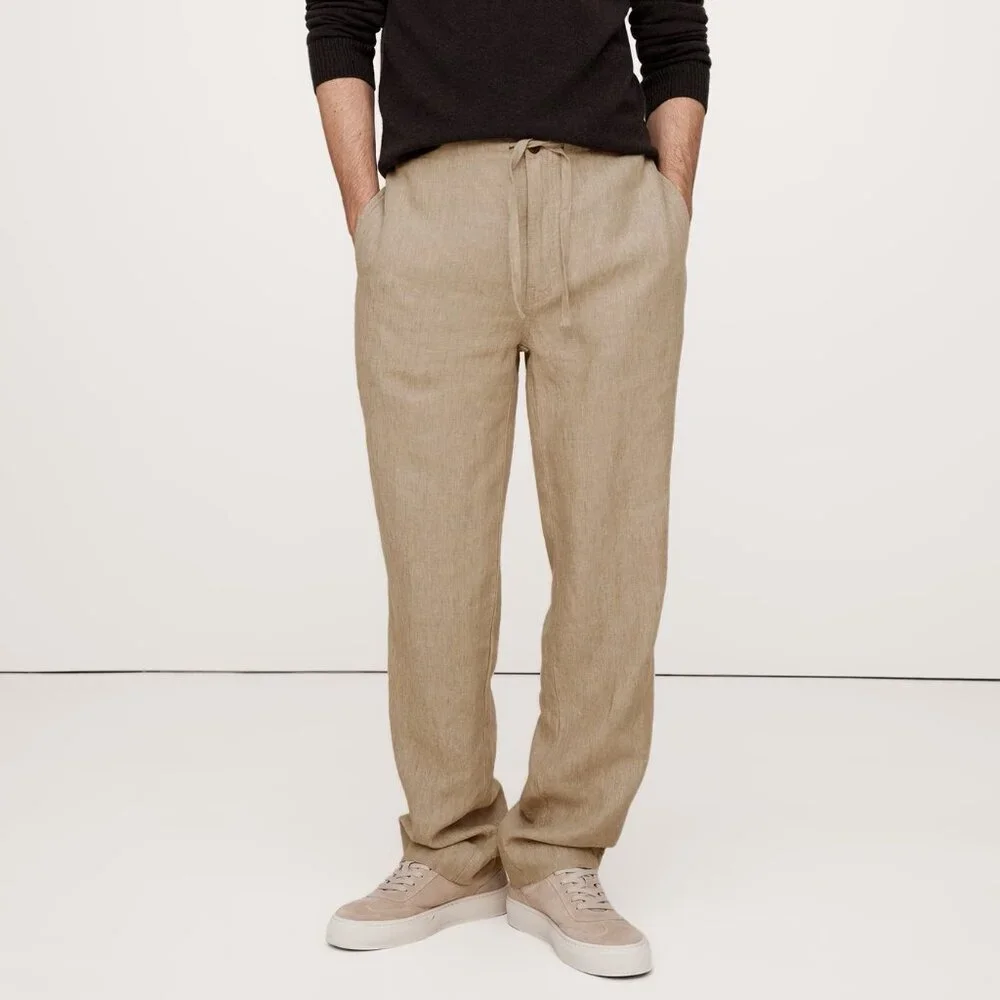 BR Men's Linen Tan Drawstring Casual Beach Pants